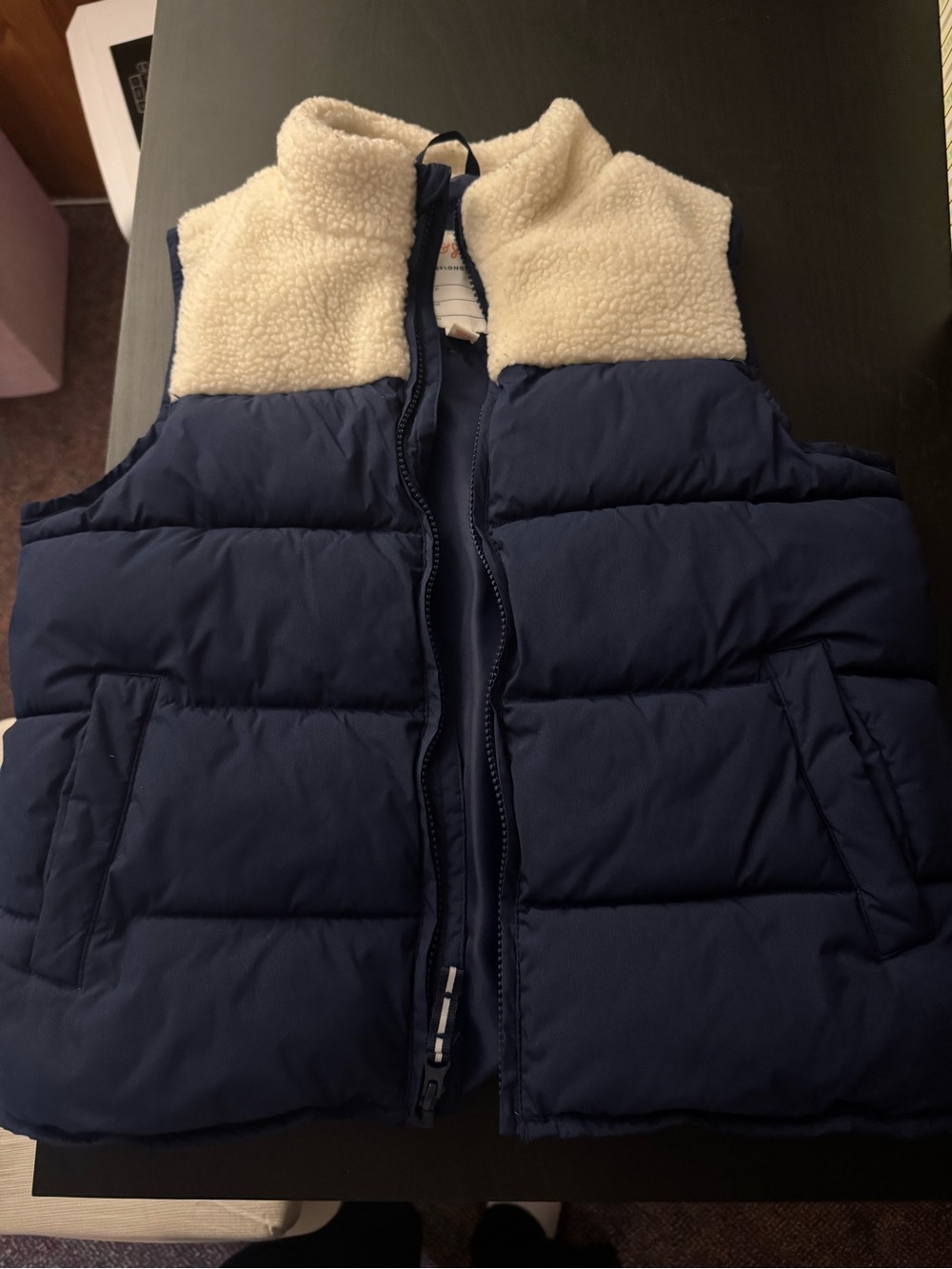 Cat & Jack Navy Puffer Vest with Cream Sherpa Yoke